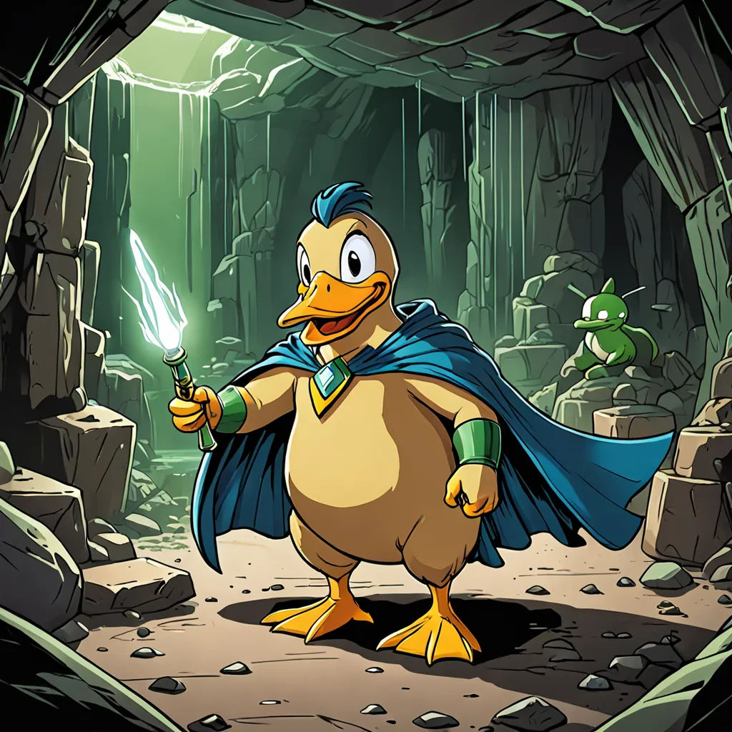 a cartoon duck dressed as a hero holding a sword in a cave with a green light coming from it, fantasy art, a character portrait, David Teniers III, key art
