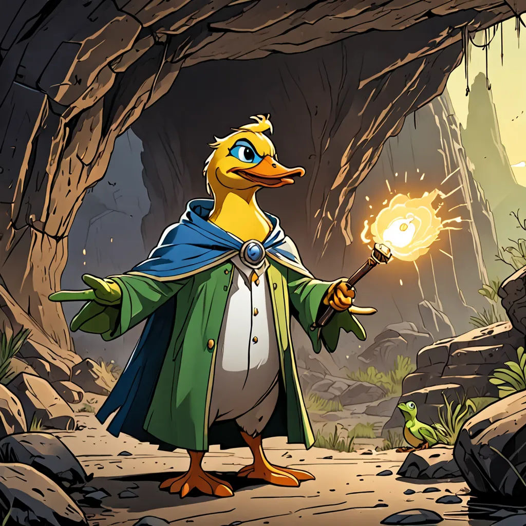 a cartoon duck dressed in a green coat holding a wand and a light in a cave with rocks and plants, fantasy art, a comic book panel, Chris LaBrooy, official art
