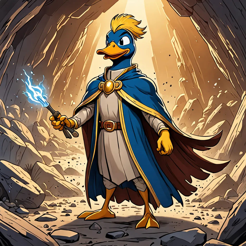 a cartoon bird dressed in a blue cape and a yellow beak holding a sword in a cave with a light shining through it, underground comix, concept art, Chris LaBrooy, official art