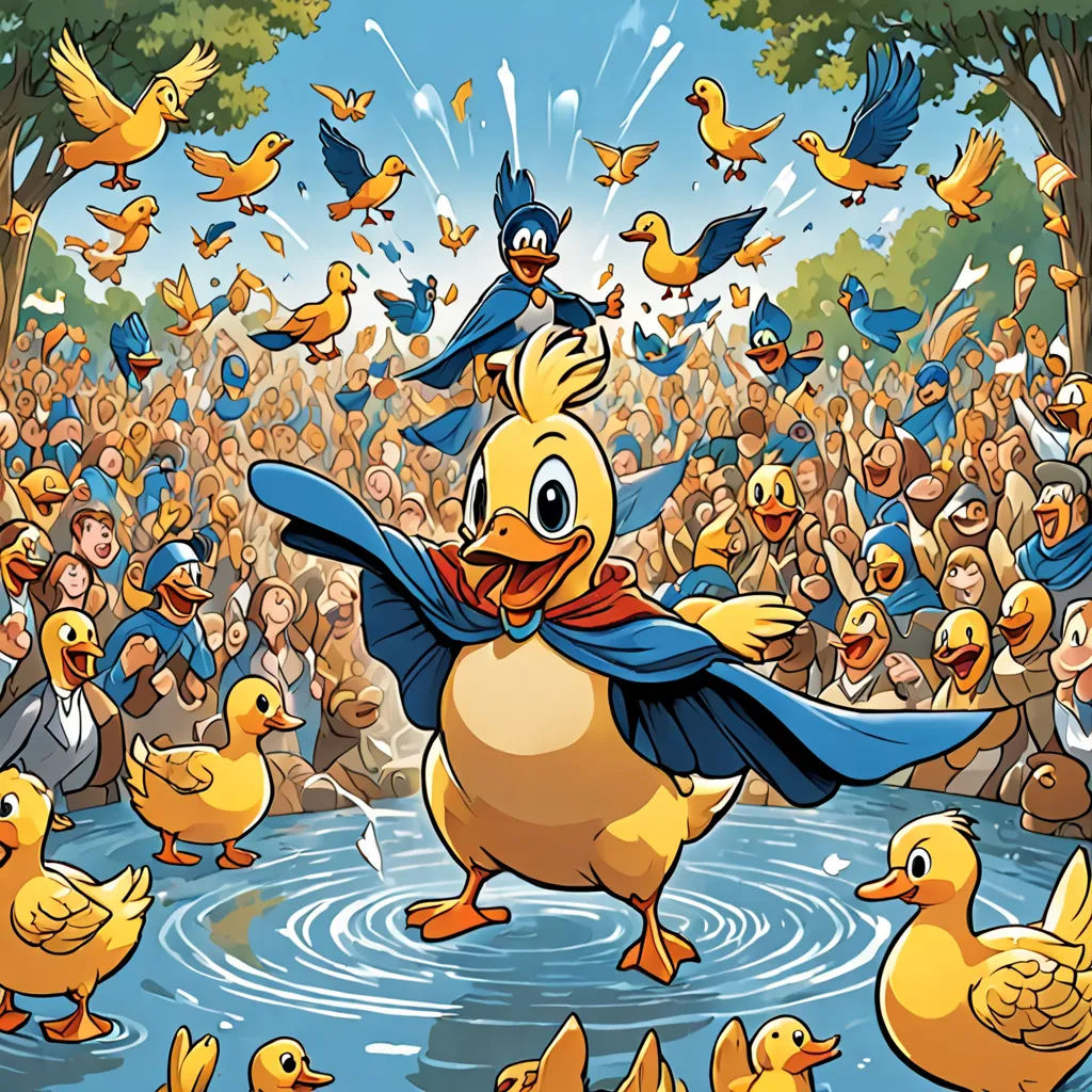 a cartoon duck is surrounded by ducks in a crowd of people in a park, with a bird flying above, magical realism, a storybook illustration, Carl Barks, josan gonzales and dan mumford