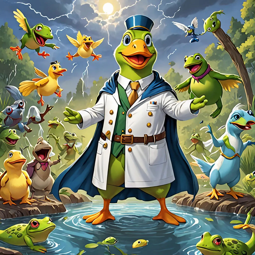 a cartoon of a frog dressed as a sailor with a bunch of ducks around him and a man in a hat, neoplasticism, a storybook illustration, Andries Stock, official art