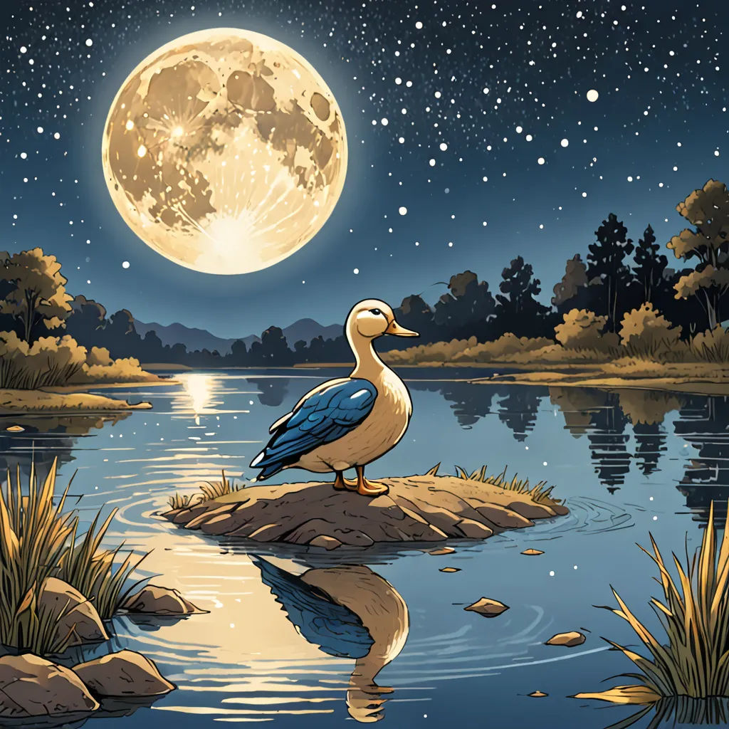 a bird sitting on a rock in the water under a full moon sky with a full moon in the background, space art, a storybook illustration, Chris LaBrooy, storybook illustration