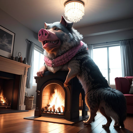a dog standing on its hind legs in front of a fireplace with a fire place in it's center