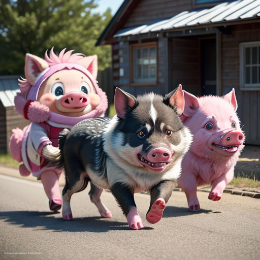 three pigs and a piggy pig are running down the street together in a parade of three pigs and a pig