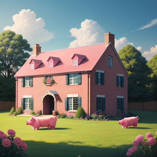 a painting of a house with two pink pigs in front of it and a pink flower in the foreground