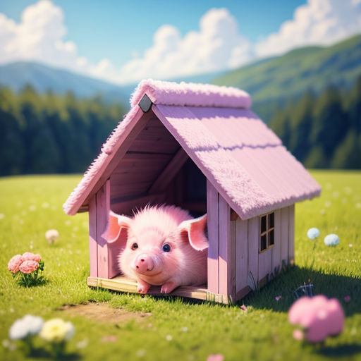 a pig in a pink house on a green field with flowers and mountains in the background, with a blue sky and clouds