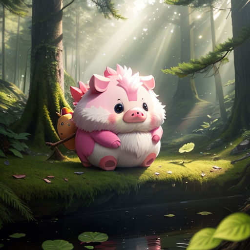 a pig with a bow in a forest with a pond and lily pads on the ground, with a forest background