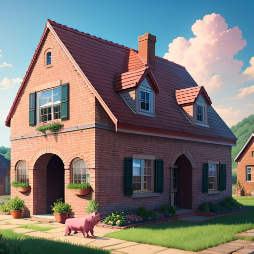 a pig is standing in front of a house with a pink pig in the yard of it's front yard