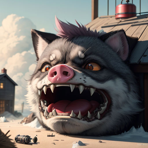 a wolf with a big mouth and a house in the background with a sky background and clouds in the background
