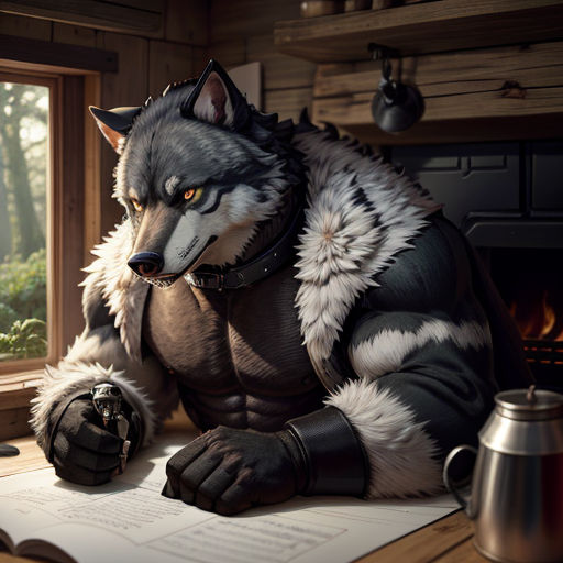a wolf sitting on a desk next to a window and a book with a pen in it's paws
