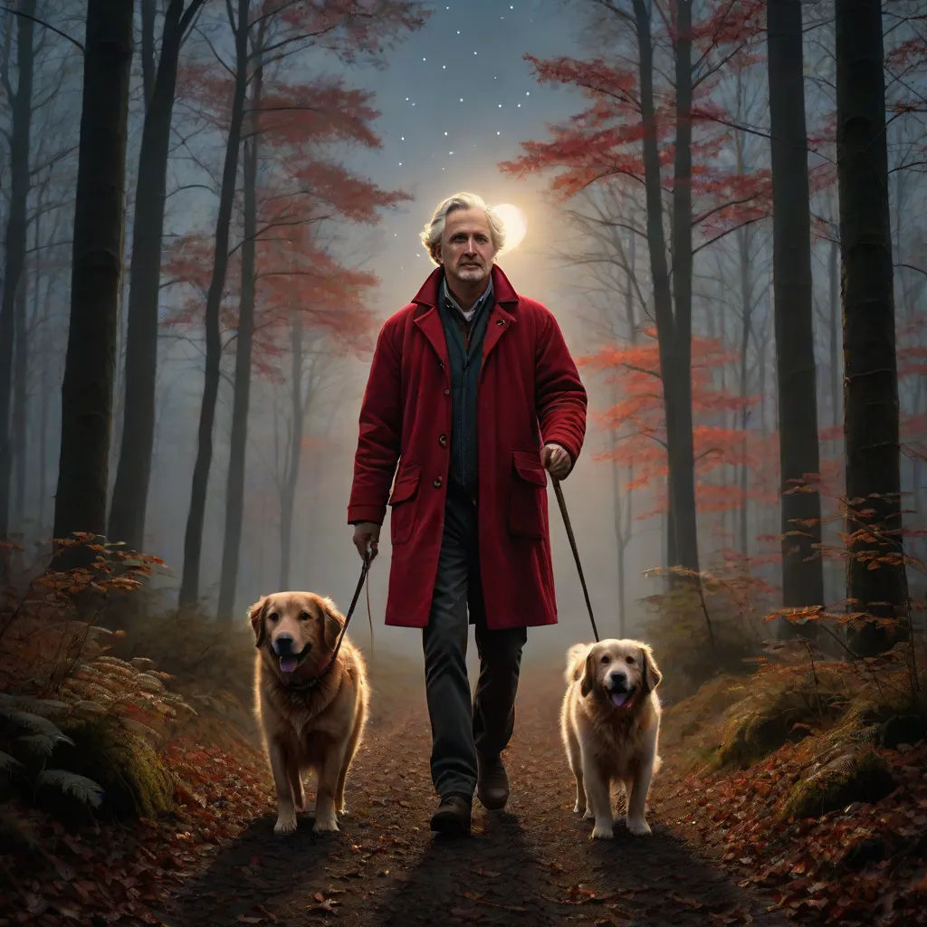 a man walking two dogs on a leash in the woods at night with the moon in the background and stars in the sky, magical realism, poster art, David Brewster, promotional image