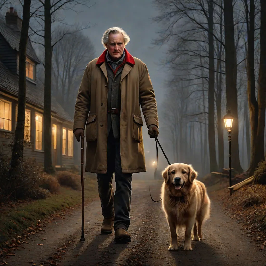 a man walking a dog down a road at night with a flashlight on his head and a cane in his hand, magical realism, poster art, David Brewster, promotional image
