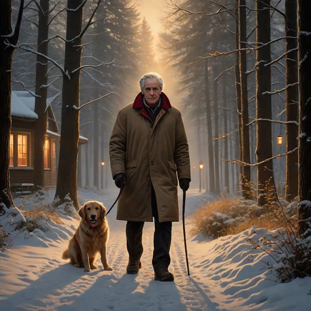 a man walking a dog in the snow in front of a cabin in the woods with a light on, photorealism, a photorealistic painting, Evgeny Lushpin, cinematic photography