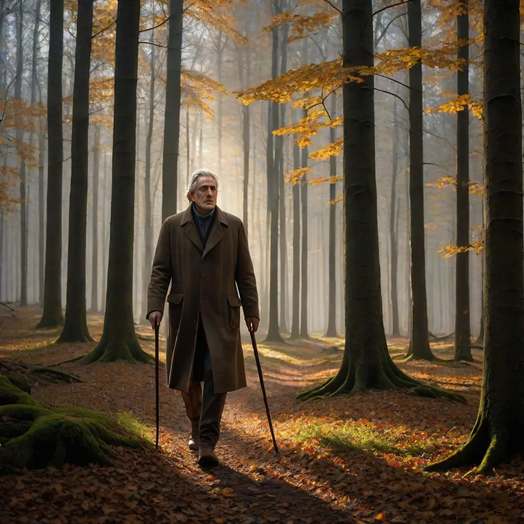 a man walking through a forest with a cane in his hand and a cane in his other hand,, magic realism, a matte painting, Annie Leibovitz, cinematic photography