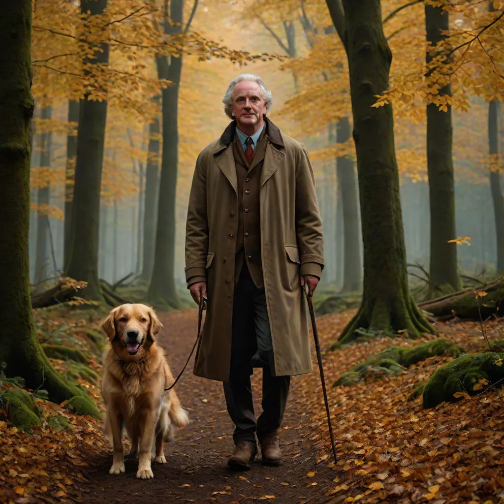 a man walking a dog in a forest with trees and leaves on the ground and a dog on a leash, arts and crafts movement, a character portrait, David Brewster, cinematic photography