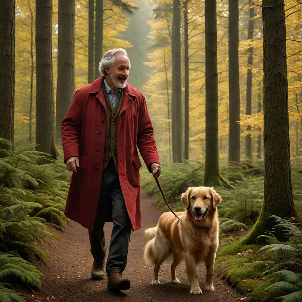 a man walking a dog on a forest trail in the fall with trees and ferns in the background,, arts and crafts movement, a stock photo, David Brewster, promotional image