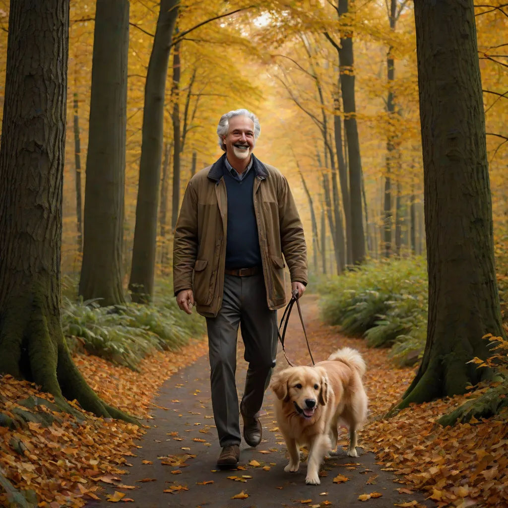 a man walking a dog down a path in the woods with trees and leaves on both sides of him, arts and crafts movement, a stock photo, David Brewster, portrait photography