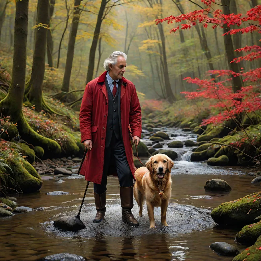 a man walking a dog across a river in a forest with red leaves on the trees and rocks in the water, arts and crafts movement, a storybook illustration, David Brewster, cinematic photography