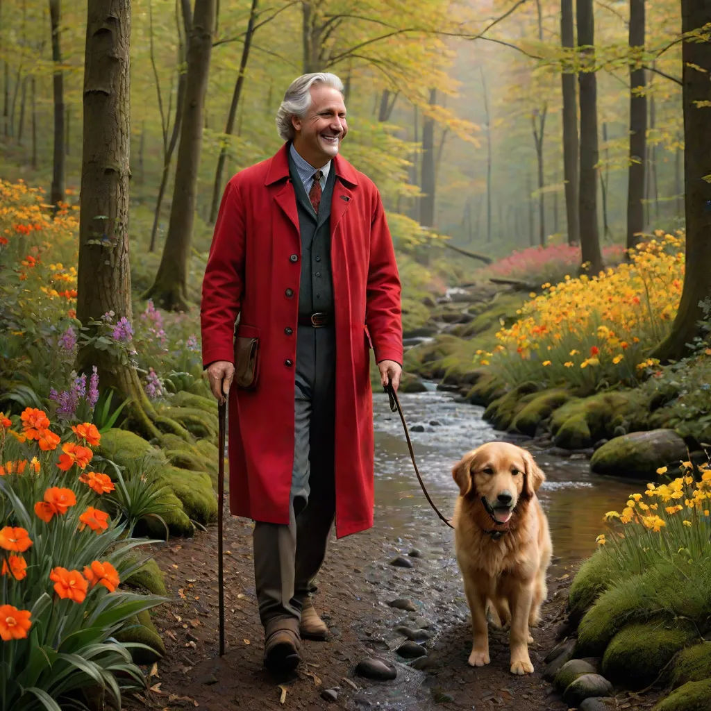 a man walking a dog on a leash in a forest with flowers and trees in the background, with a stream running through the woods, arts and crafts movement, a storybook illustration, David Brewster, cinematic photography