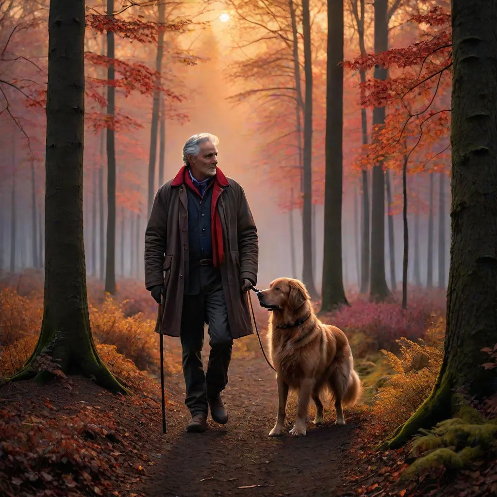 a man walking a dog in a forest with trees and leaves on the ground and a sun shining through the trees, magic realism, a photorealistic painting, Arie Smit, highly detailed digital painting