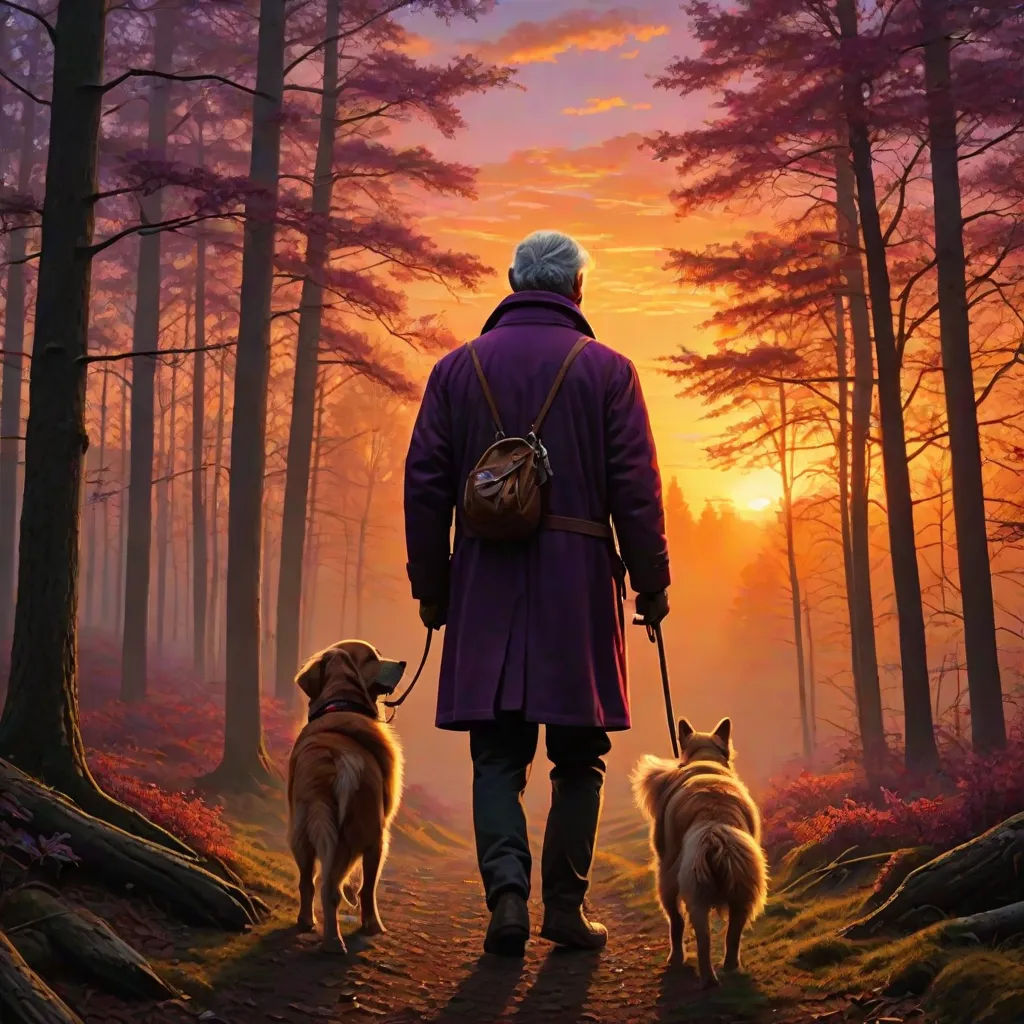 a man walking two dogs in the woods at sunset with a back pack on his shoulder and a back pack on his shoulder, magical realism, poster art, Dan Mumford, key art