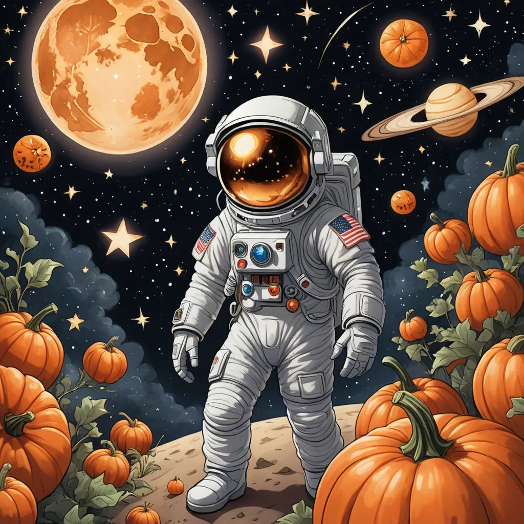 an astronaut standing on a pumpkin patch with a full moon in the background and pumpkins in the foreground, space art, a comic book panel, Chris LaBrooy, space