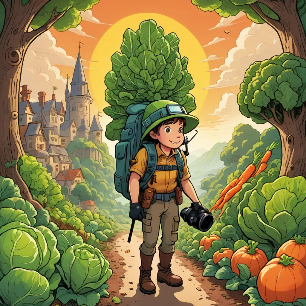 a cartoon boy with a backpack and camera in a forest with pumpkins and trees and a castle in the background, fantasy art, a storybook illustration, Cedric Seaut (Keos Masons), rossdraws global illumination