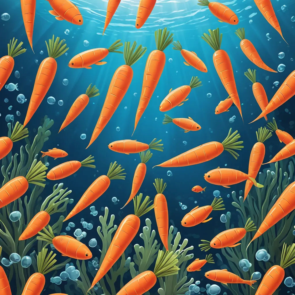 a painting of a bunch of carrots floating in the water with bubbles and bubbles around them, and a sunbeam above them, pop surrealism, a storybook illustration, Chris LaBrooy, detailed illustration