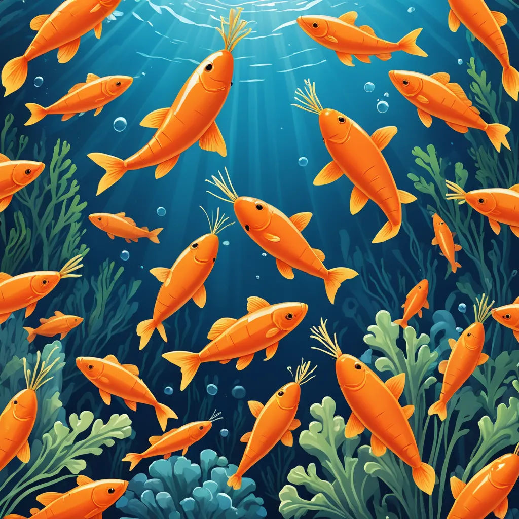 a group of fish swimming in a blue ocean with algaes and plants around them, under a bright sun, incoherents, a storybook illustration, Chris LaBrooy, detailed illustration