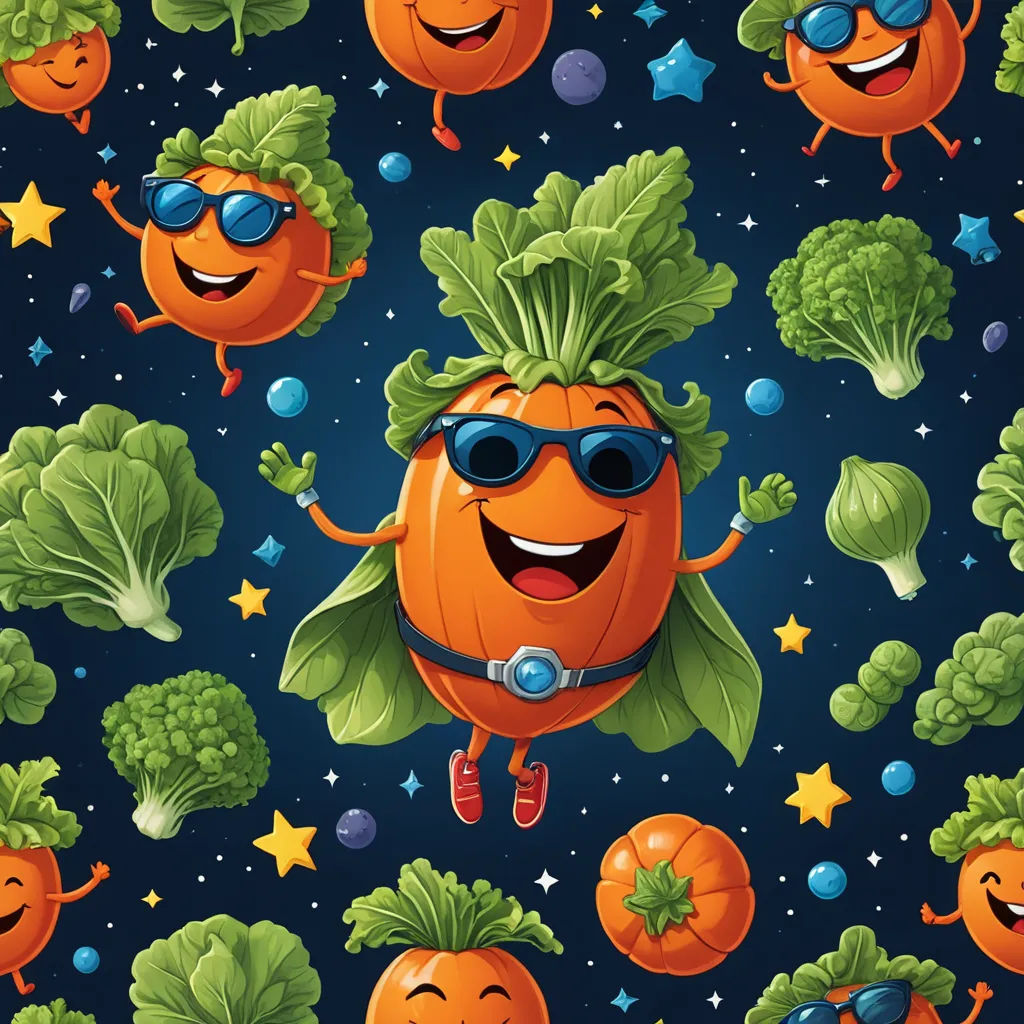 a cartoon pumpkin wearing sunglasses and a green leafy headband and flying through the air with his arms and legs in the air, space art, computer graphics, Chris LaBrooy, highly detailed digital art