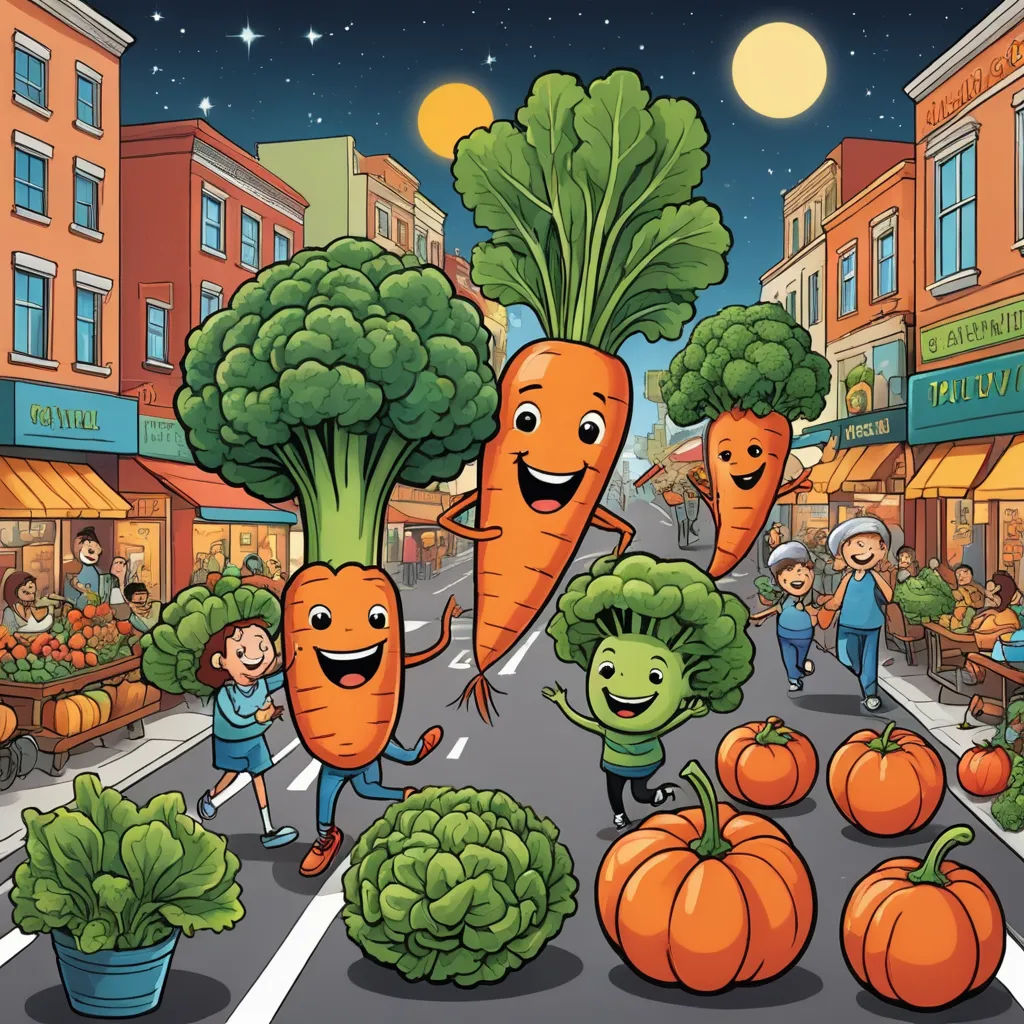 a group of vegetables on a street with people walking around them and a store front with a full moon in the background, lyco art, a storybook illustration, Chris LaBrooy, promotional image