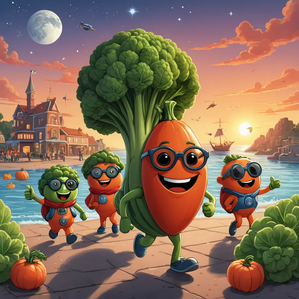 a group of cartoon characters walking around a vegetable garden at night with a full moon in the background and a building in the background, pop surrealism, a storybook illustration, Chris LaBrooy, promotional image
