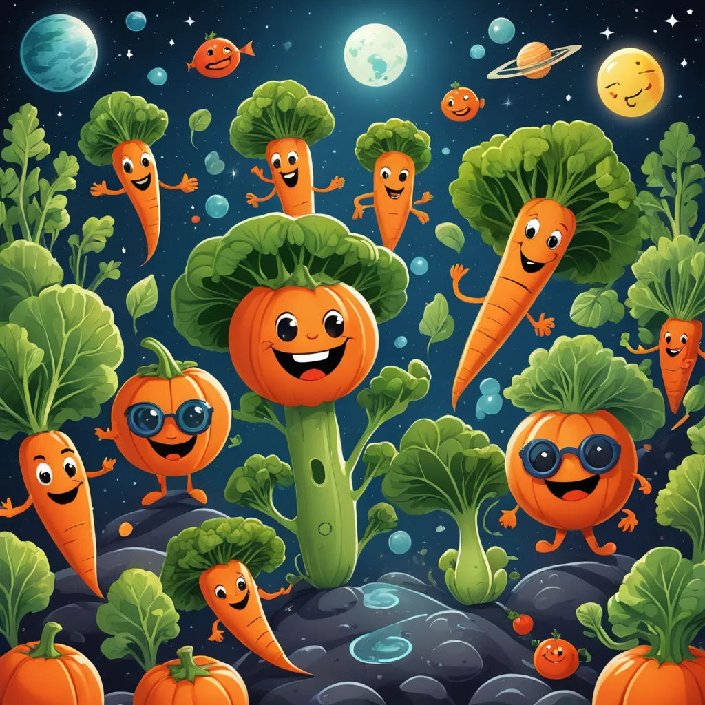 a group of carrots with faces and eyes are standing in the middle of a field of vegetables with faces, space art, a storybook illustration, Chris LaBrooy, highly detailed digital art