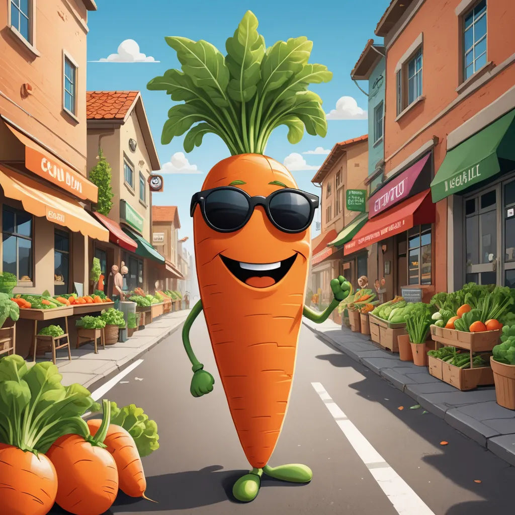 a cartoon carrot wearing sunglasses and holding a carrot in the middle of a street with a storefront and vegetable stand in the background, figuration libre, a stock photo, Chris LaBrooy, behance hd
