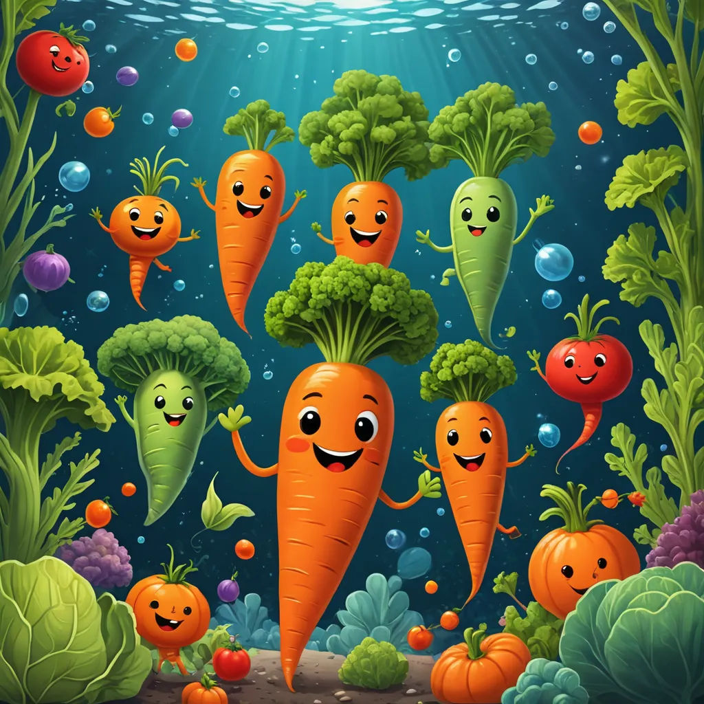 a group of carrots floating in the ocean with faces drawn on them and smiling at the camera, surrounded by other vegetables, psychedelic art, a storybook illustration, Chris LaBrooy, highly detailed digital art