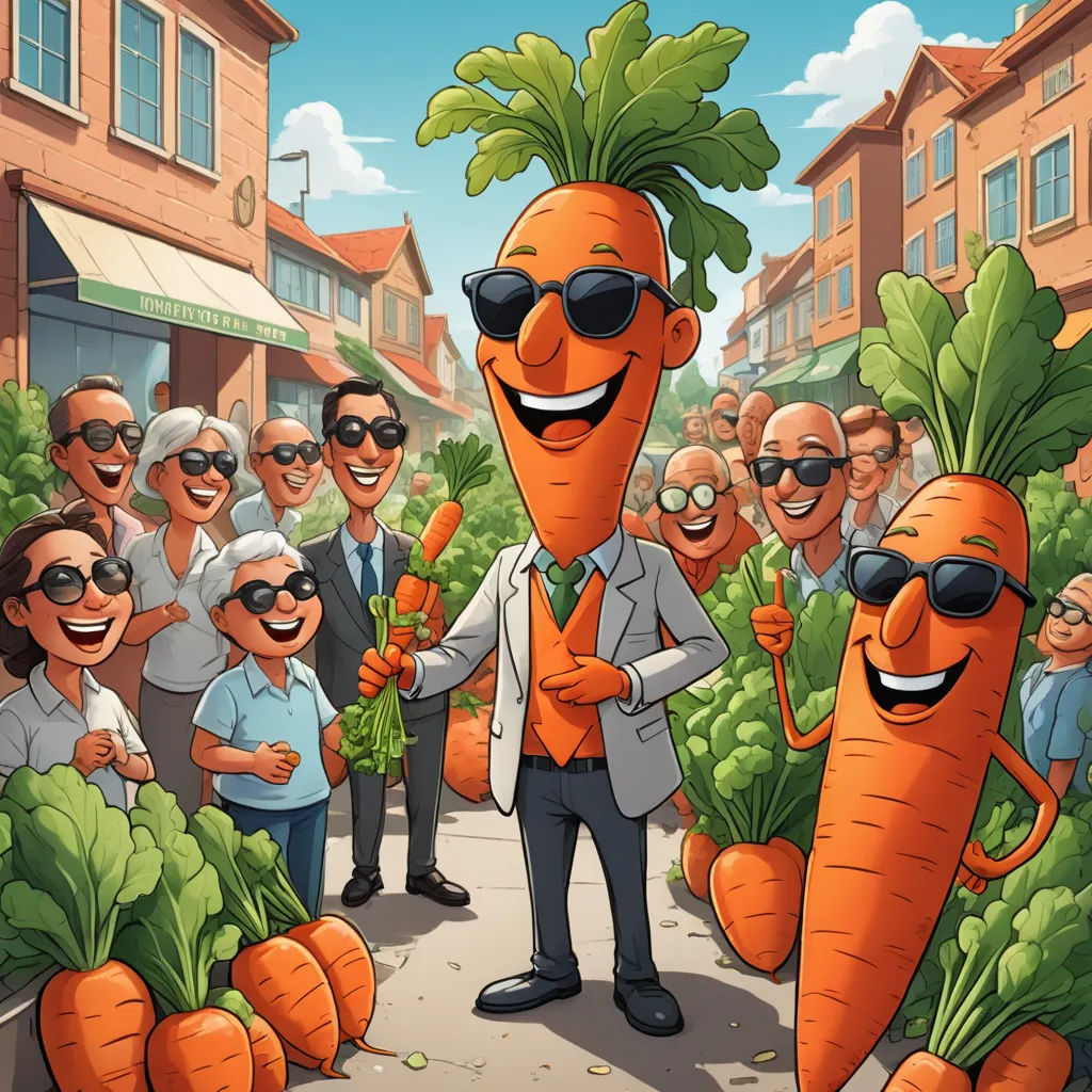 a cartoon of a carrot with a group of people around it and a man in sunglasses holding a carrot, figurativism, a stock photo, Chris LaBrooy, behance hd