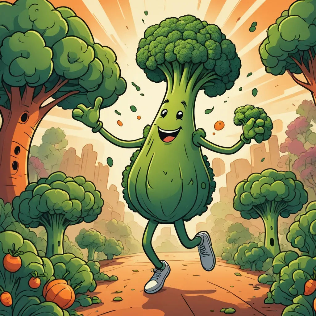 a cartoon of a broccoli running through a forest with trees and buildings in the background, with a sunburst in the background, lyco art, a storybook illustration, Chris LaBrooy, highly detailed digital art