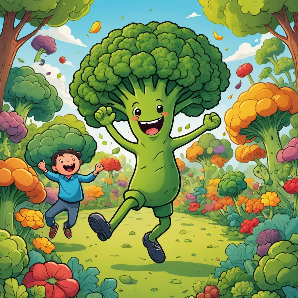 a boy running through a field with a giant broccoli head on his head and a boy running behind him, lyco art, a storybook illustration, Chris LaBrooy, storybook illustration