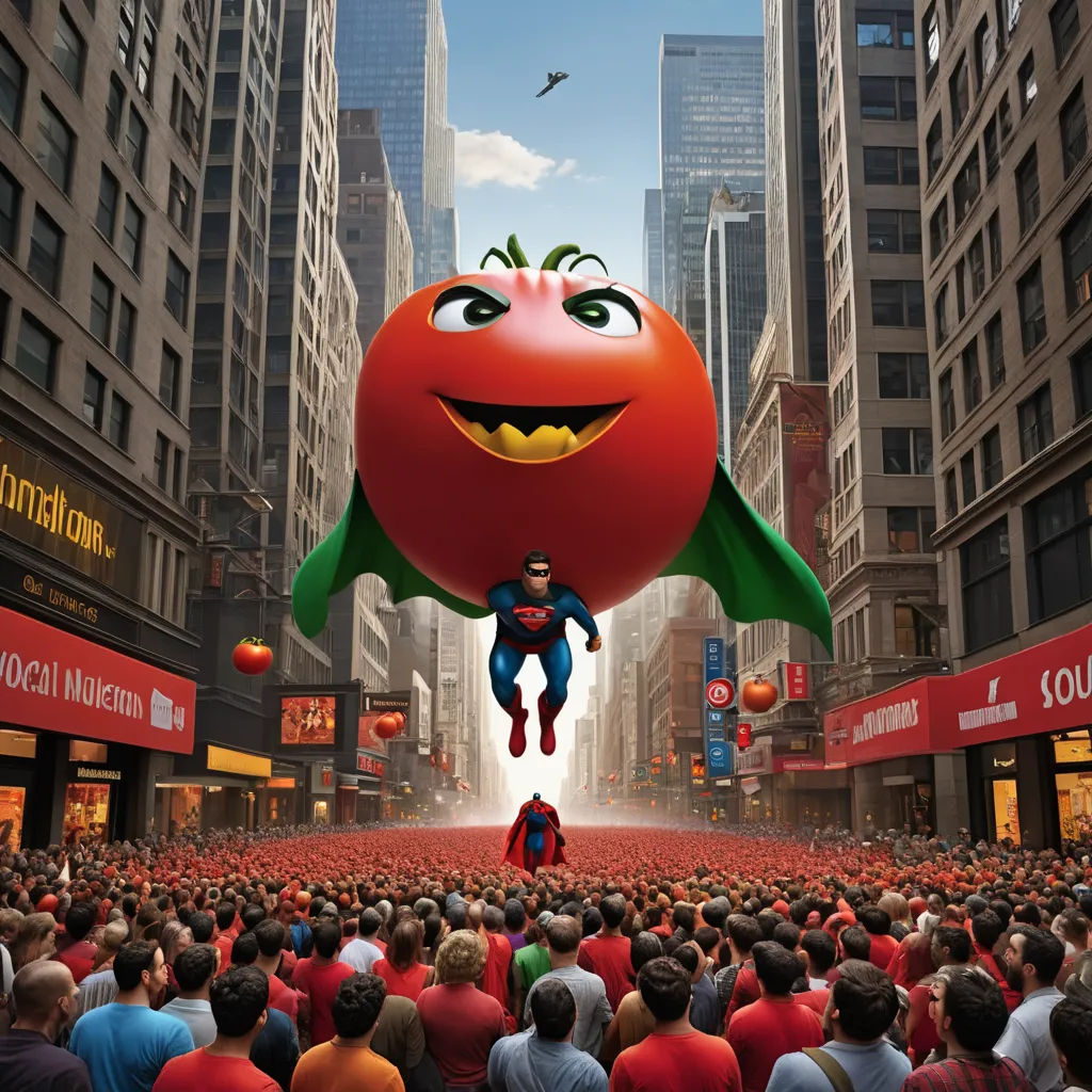 a giant tomato flying over a crowd of people in a city street with buildings in the background and a man in a red shirt, excessivism, concept art, Chris LaBrooy, promotional image
