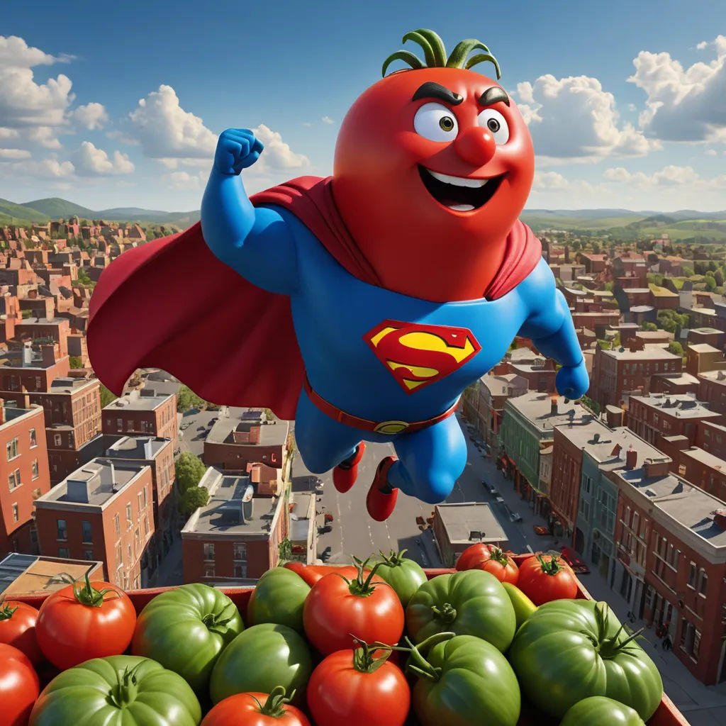 a cartoon character flying over a box of tomatoes and tomatoes on a city street with buildings in the background, superflat, a 3D render, Chris LaBrooy, promotional image