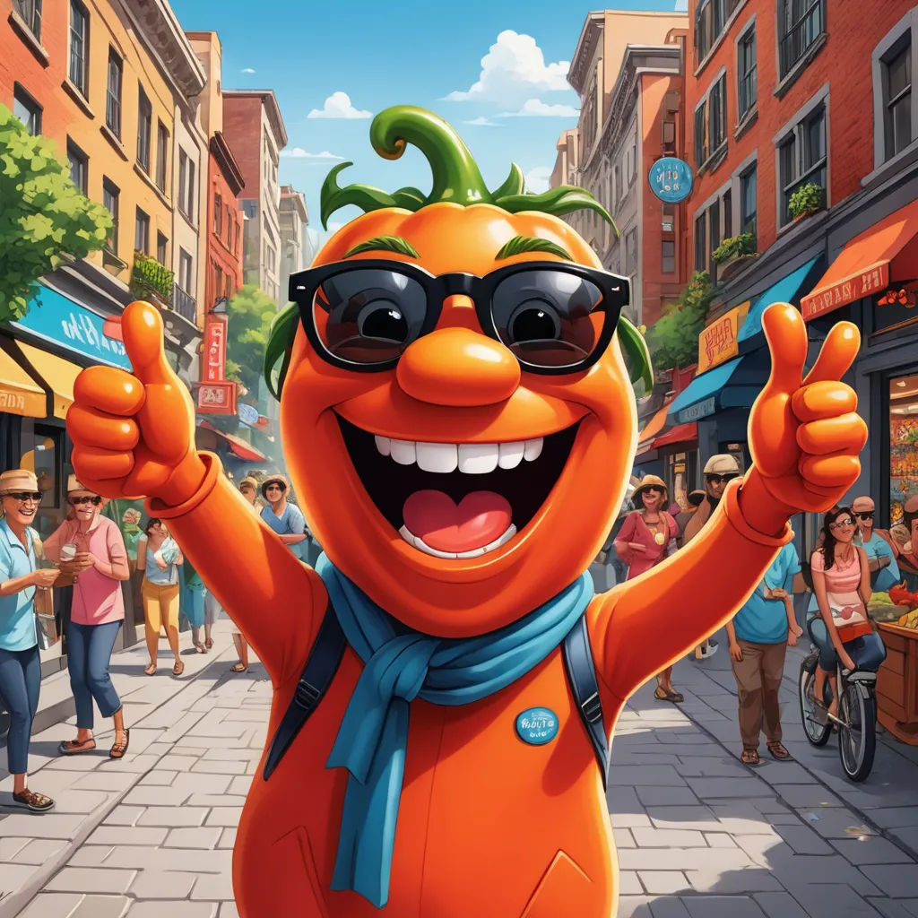 a cartoon character is smiling and waving in the street with people walking by and a building in the background, hyperrealism, a character portrait, Chris LaBrooy, ultra realistic digital art
