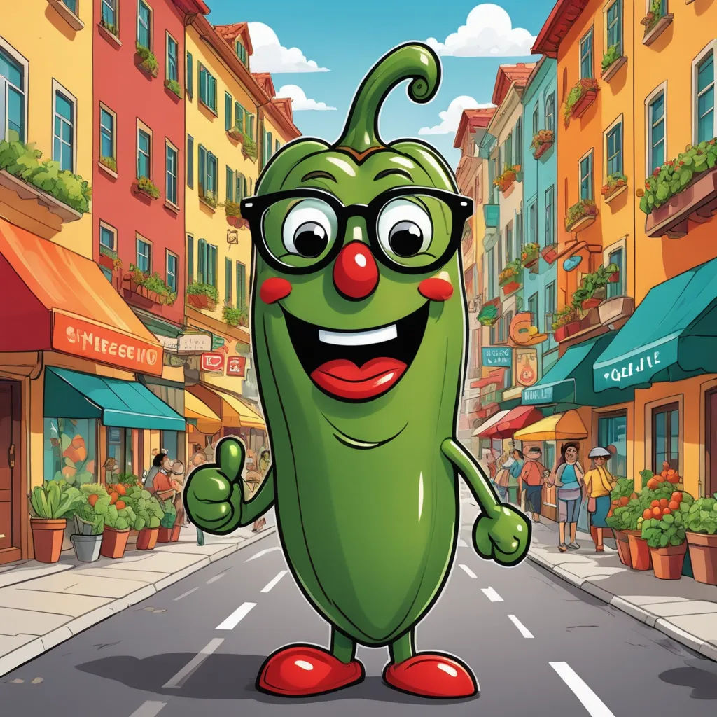 a cartoon green pepper character giving a thumbs up on a city street with buildings and shops in the background, regionalism, a character portrait, Andries Stock, highly detailed digital art