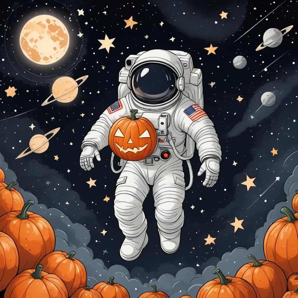 an astronaut floating in the sky with pumpkins around him and a full moon in the background with stars, space art, poster art, Chris LaBrooy, space