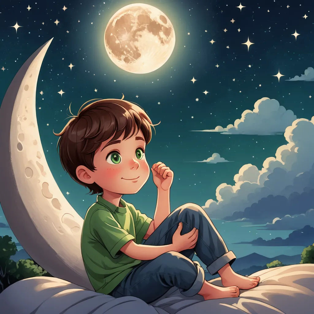 a boy sitting on a crescent moon in the night sky with stars and clouds above him, looking up at the moon, space art, a storybook illustration, Cyril Rolando, moon