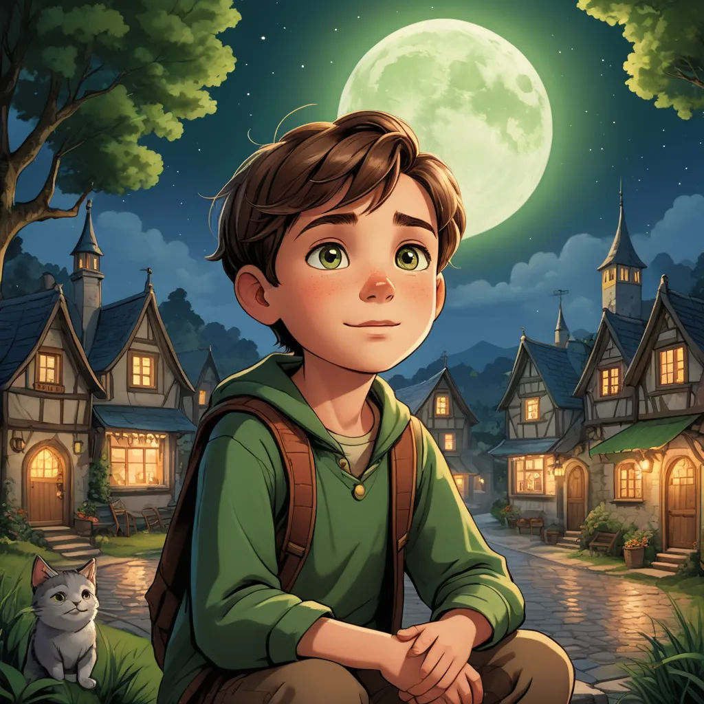 a boy sitting on a bench in front of a house with a cat in front of him and a full moon in the background, fantasy art, a storybook illustration, Cliff Childs, kinkade