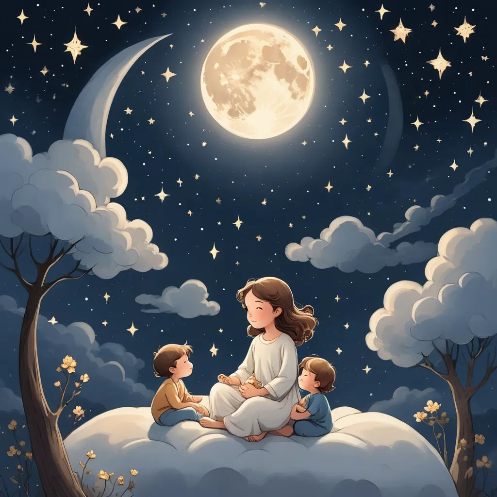 a mother and two children sitting on a cloud at night under the moon and stars illustration by kimi kim, space art, a storybook illustration, Cyril Rolando, storybook illustration