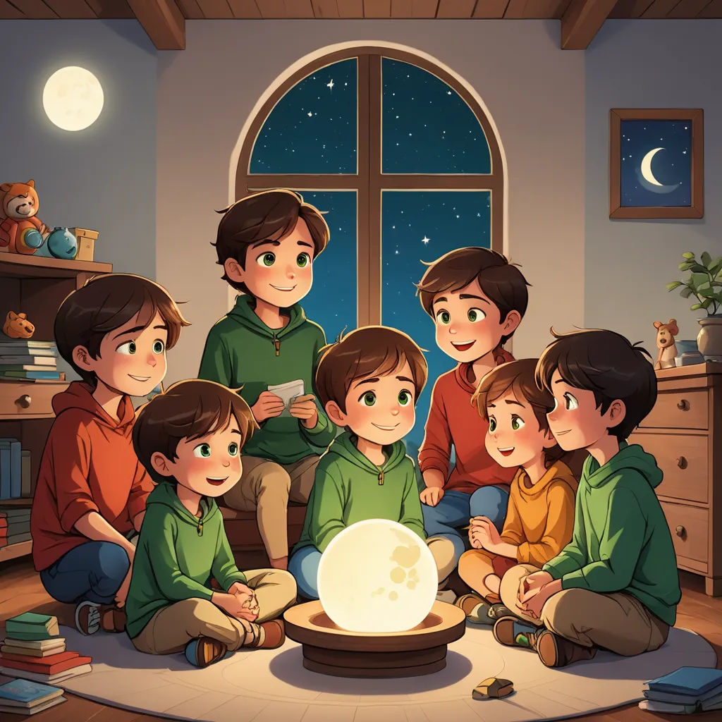 a group of children sitting around a table with a lamp on it in front of a window with a moon, sots art, a storybook illustration, Diego Gisbert Llorens, storybook illustration
