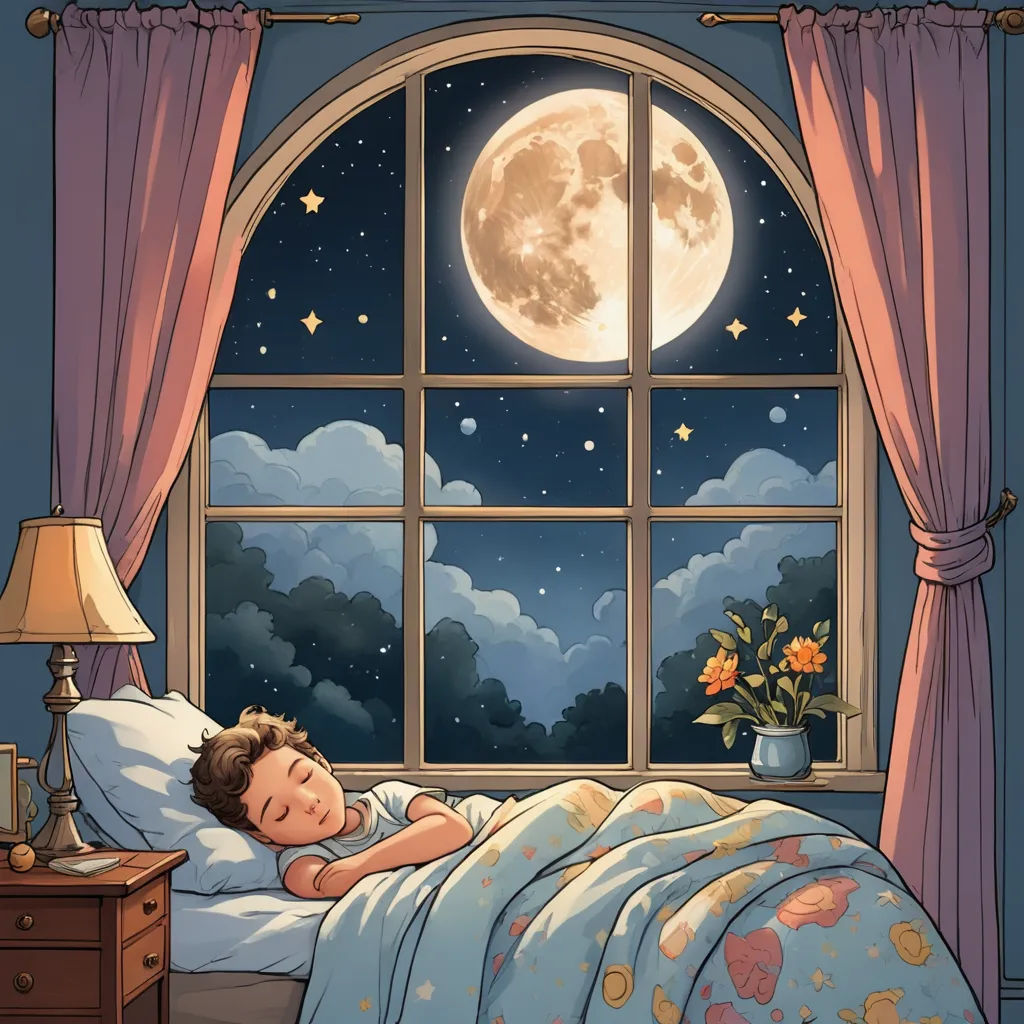 a child is sleeping in a bed with a full moon in the window and a vase of flowers on the nightstand, fantasy art, a storybook illustration, Cliff Childs, storybook illustration
