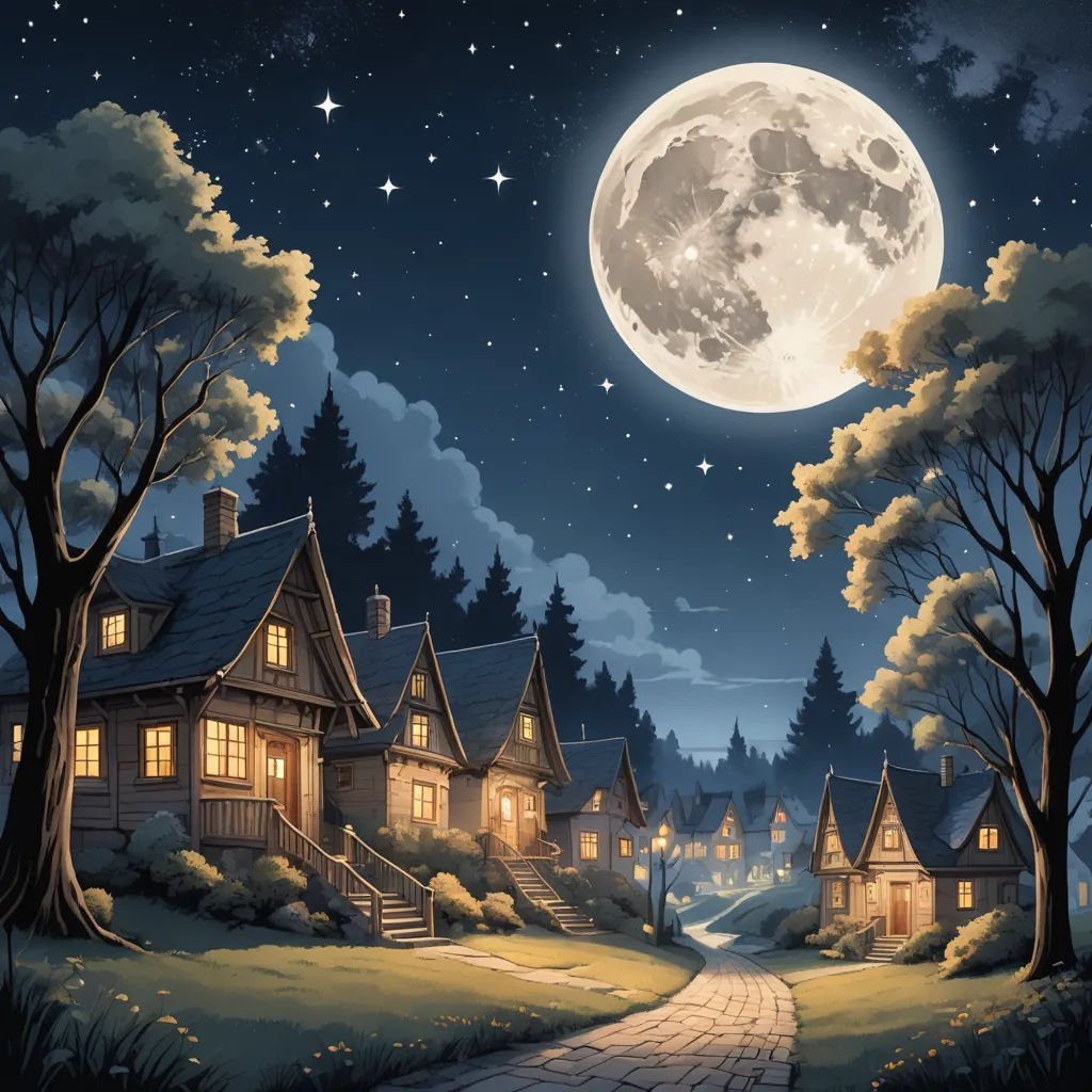 a night scene with a full moon and a house on a hill with trees and a pathway leading to it, fantasy art, a detailed matte painting, Dan Mumford, storybook illustration