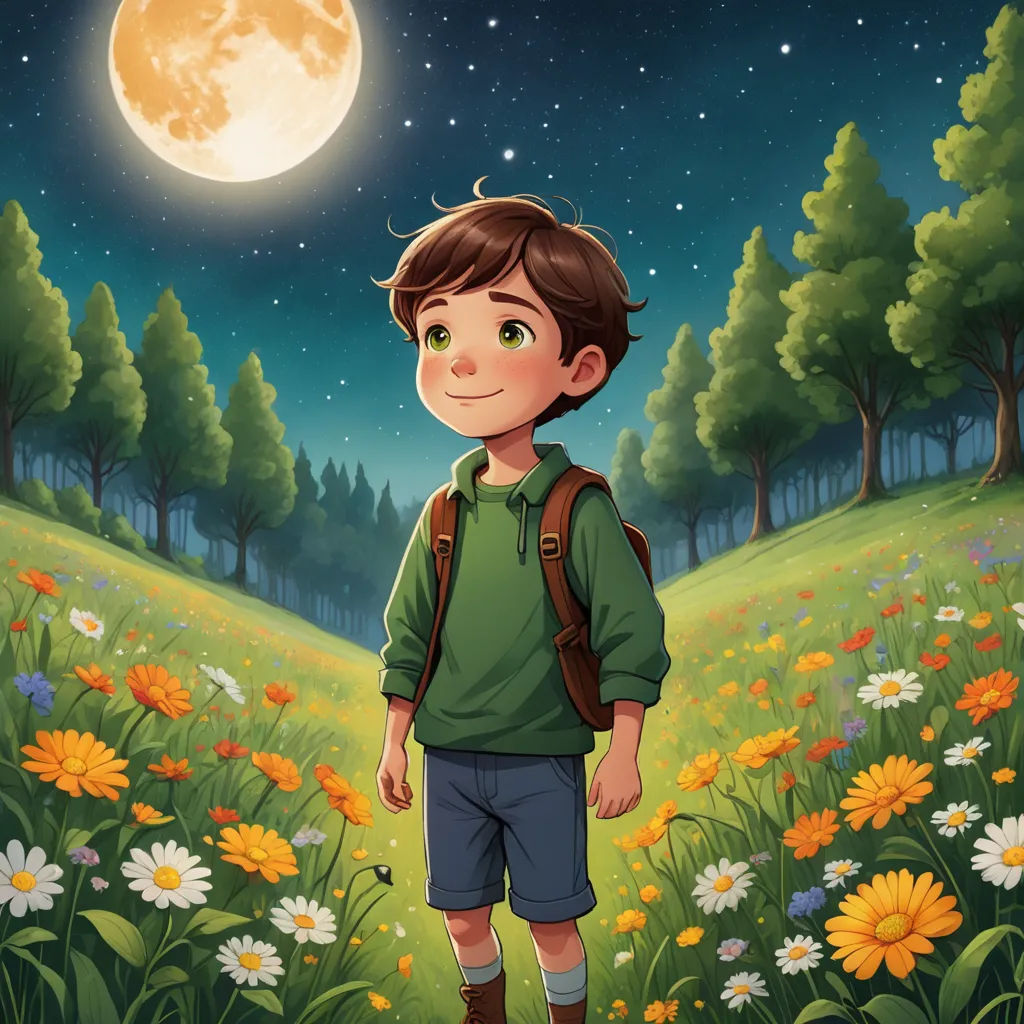 a boy standing in a field of flowers under a full moon with a backpack on his shoulder and a backpack on his shoulder, magical realism, a storybook illustration, Diego Gisbert Llorens, storybook illustration
